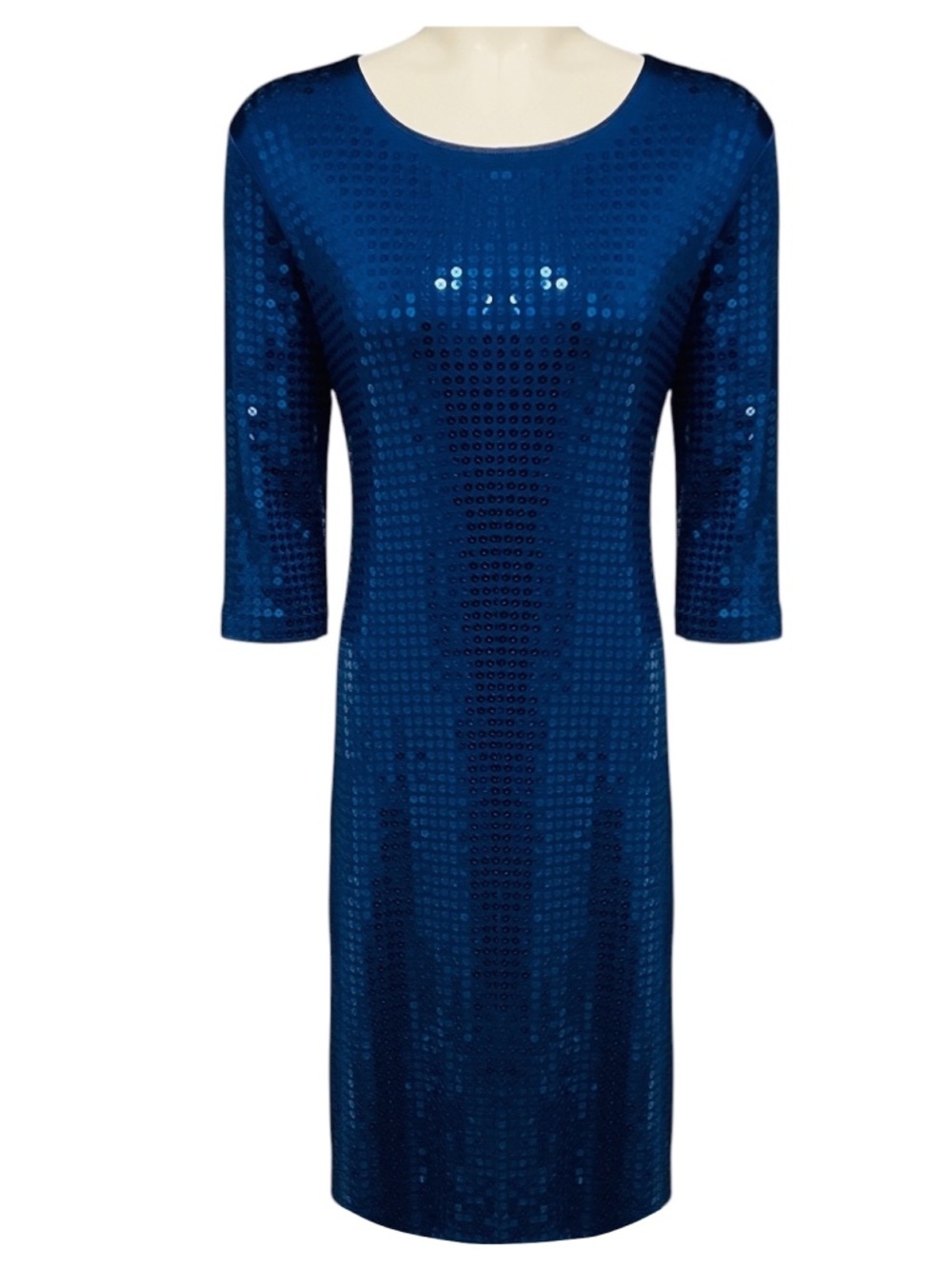 LEGGIADRO DEEP OCEAN BLUE SOLID SEQUIN 3/4 LENGTH SLEEVE DRESS